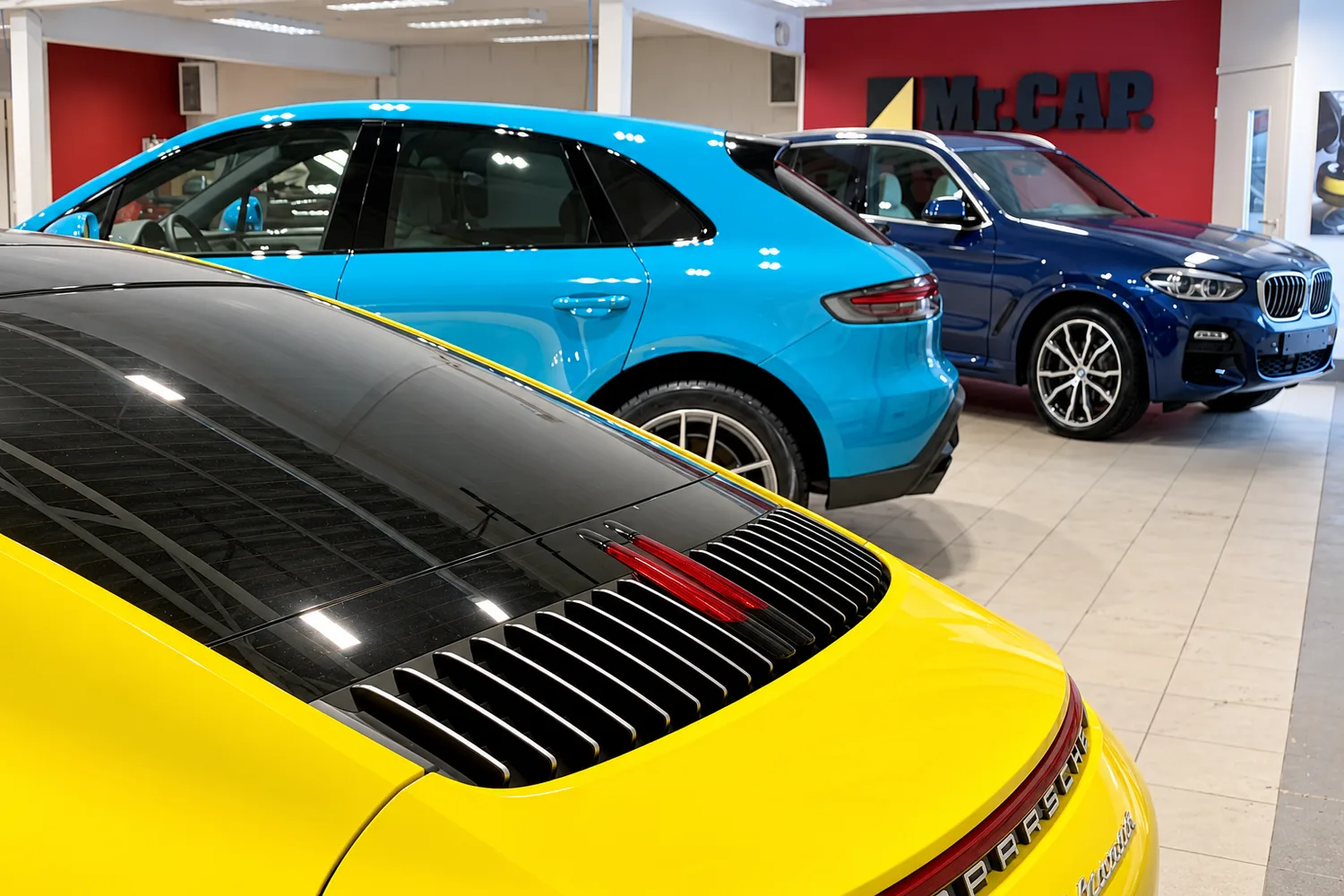 Kollane Porsche, türkiissinine Porsche ja sinine BMW MrCAP esinduses